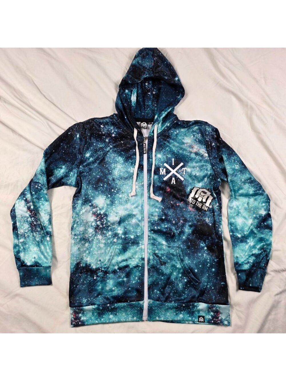 INTO THE AM Teal Galaxy Zip Up Hoodie XS Space Rave Festival Graphic Fleece